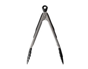 Kitchenware silver clip equipment tool for barbecue top view on transparent background.