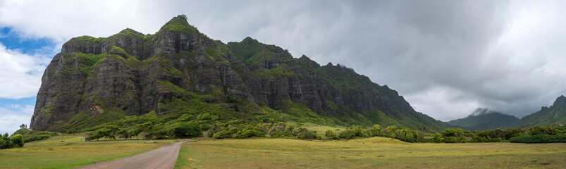 Rain clouds over Kualoa Ranch, Oahu, Hawaii
