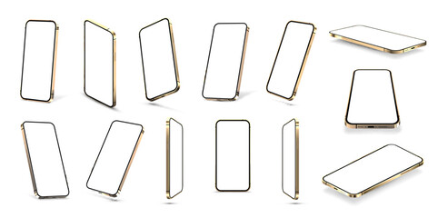 Golden collection mobile phones with blank screen, highlights on the case, shadows. Realistic 3D gold smartphones in frontal view, perspective, isometric and many other angles. 3D phone mockup. Vector