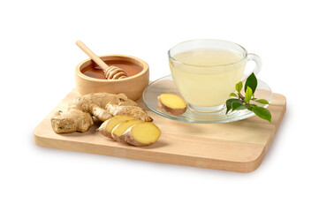 Cup of ginger tea ,ginger slices with honey in bowl and on white background. 