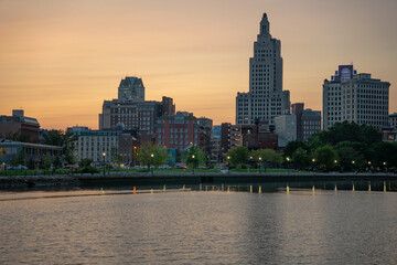 city skyline at sunset