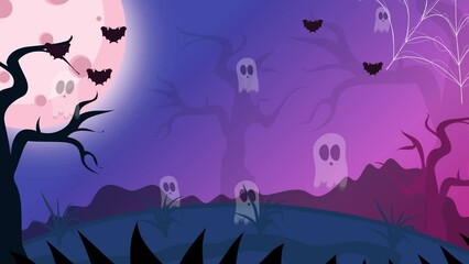 Animated halloween background with bats, ghosts, spider web and trees in a scary atmosphere - animated stock video for kids