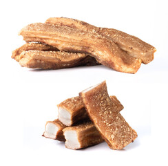 Slide pork belly or streaky pork on white background,deep fried pork