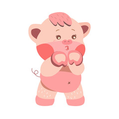 Plakat adorable baby piggies blow a kiss in a sweet and charming style. Cute piglet ,Vector illustration on flat white background. Cartoon suitable for print on a shirt, postcard, printable stationery ,etc.