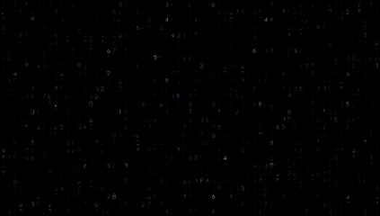 Dark digital matrix subtle irregular background. Low numbers of blue yellow colors on black backdrop.