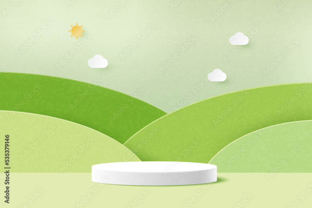 Poster 3d paper cut abstract minimal geometric shape template background.white cylinder podium on green nat