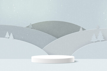 3d Paper cut abstract minimal geometric shape template background.White cylinder podium on mountains landscape.Minimal winter scene background.Vector illustration.