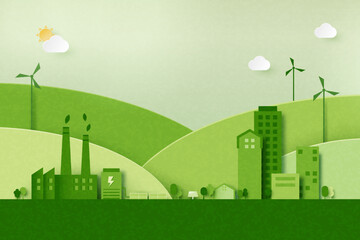 Green industry and alternative renewable energy.Green eco friendly cityscape background.Paper art of ecology and environment concept.