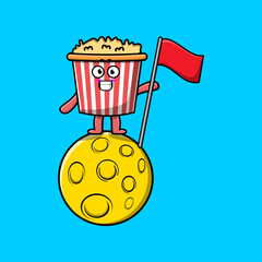 Cute cartoon Popcorn character standing on the moon with flag in 3d modern design illustration