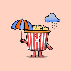 Cute cartoon Popcorn character in the rain and using an umbrella in flat modern style design