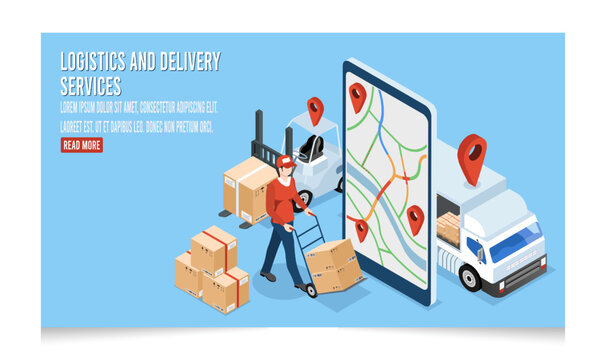 3D isometric Logistics and Delivery services concept with People transport product boxes from suppliers to buyers and Warehouse, truck, forklift. Vector illustration eps10