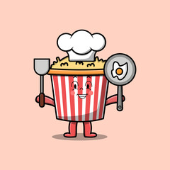 Cute cartoon Popcorn chef character holding pan and spatula in flat cartoon style illustration