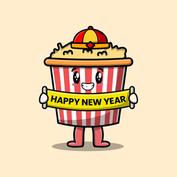 Cute cartoon Popcorn chinese character holding happy new year board illustration