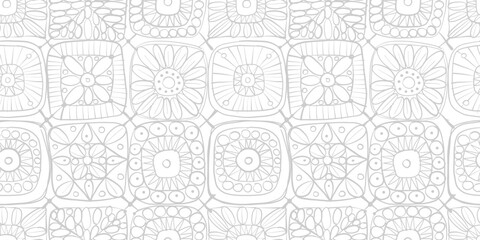 Granny square crochet. Seamless pattern background. Knitted wear. Folk art motif with flowers. Vector illustration