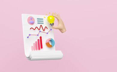 3d checklist with light bulb, charts, graph analysis business financial data isolated on pink background. business strategy, evaluate the performance, idea tip, 3d render illustration, clipping path