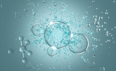 3d atom or molecule with water splash for medical science background. Abstract structure chemical, 3d render illustration