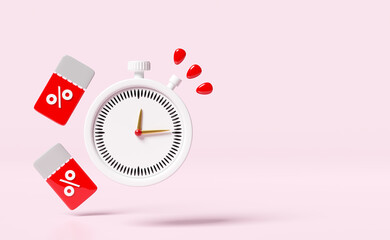 clock alarm, stopwatch with discount sales isolated on pink. price tags coupon, announce promotion news, last minute offer, flat sales shopping, 3d render illustration, clipping path