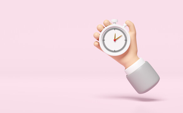 businessman timing success with white stopwatch in hand isolated on pink background. 3d render illustration, clipping path