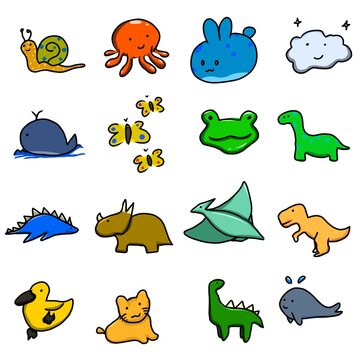 cute animal doodle icon set