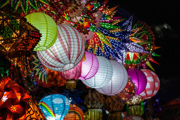 Vibrant colored Aakash Kandils (Chinese Lamps) during Diwali celebration in Pune city, India.