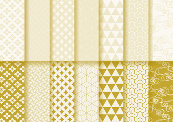 和柄のシームレスパターンイラストセット（金色）