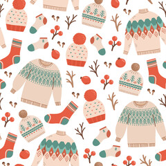 Cotton fabric Winter sweater socks hat seamless pattern vector