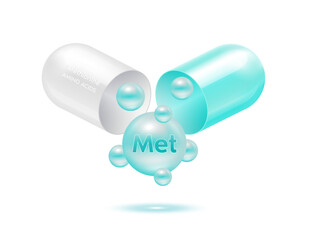 Methionine amino acid float out of the capsule. Vitamins complex and minerals blue isolated on white background. For food supplement ad package design. Science medic concept. 3D Vector EPS10.