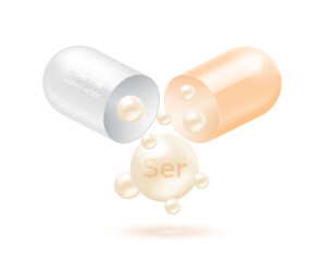 Serine amino acid float out of the capsule. Vitamins complex and minerals cream isolated on white background. For food supplement ad package design. Science medic concept. 3D Vector EPS10.
