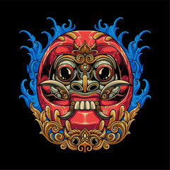 Colorful Japanese daruma blend with Balinese Rangda mask with ornaments and water background for t shirt design