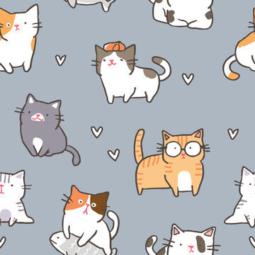 Seamless Pattern with Cartoon Cat  Design on Grey Background