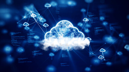 Fototapeta na wymiar Cloud and edge computing technology concepts with cybersecurity data protection. A large cloud icon over a prominent white cloud in the center. polygon connection code on dark blue background.