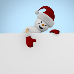 snowman with banner on blue background. 3D illustration