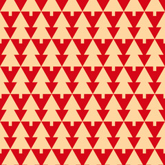 Seamless geometric christmas tree pattern. Beige and red background for wrapping paper, postcards, invitations, banners, textile.