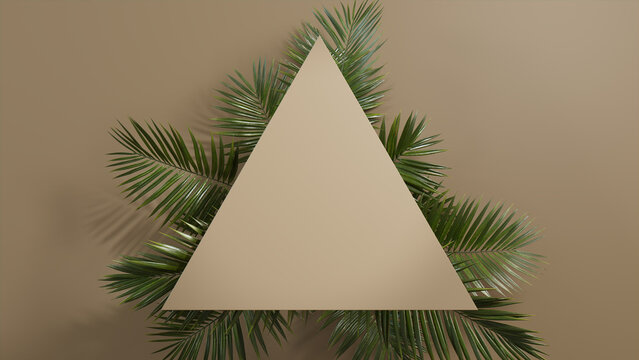 Triangle Botanical Frame with Palm Plant Border. Beige, Natural Design with copy space.