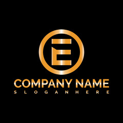 simple letter e logo template vector with golden color circle.