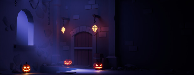 Halloween Scary pumpkins with Doorway, in a Fun Medieval Castle at Night. Halloween banner with copy-space.