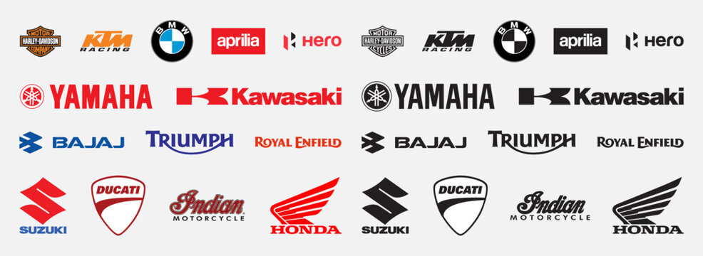 Popular Motorcycle Brand Logos. Harley-Davidson, Honda, Yamaha, Suzuki, Aprilia, Kawasaki, BMW, Ducati, Triumph, KTM, Editorial vector illustration.