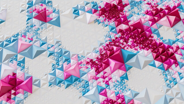 Vibrant High Tech Surface with Triangular Pyramids. White, Blue and Pink Three-Dimensional 3d Texture.