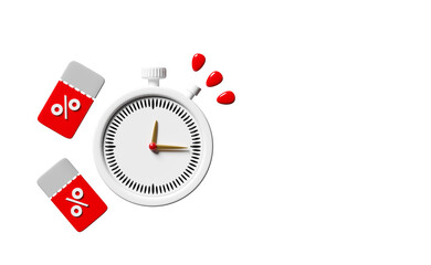 clock alarm, stopwatch with discount sales isolated. price tags coupon, announce promotion news, last minute offer, flat sales shopping, 3d render illustration