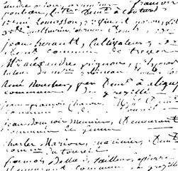 Calligraphic handwritten letter black ink on white sheet background. Old illegible text pattern.