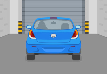 Driving a car. Back view of a blue car leaving the garage. Indoor parking inside view. Flat vector illustration template.