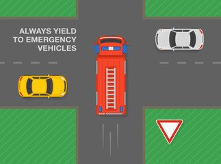 Safe driving tips and traffic regulation rules. Always give way to emergency vehicles at crossroads. Fire truck car goes first at intersection with give way sign. Flat vector illustration template. - obrazy, fototapety, plakaty