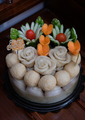 Pempek Palembang, a famous dish from region of South Sumatra, Indonesia. Decorated like a birthday cake. Selective Focus