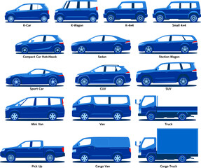 Car body types vector blue illustration 車種