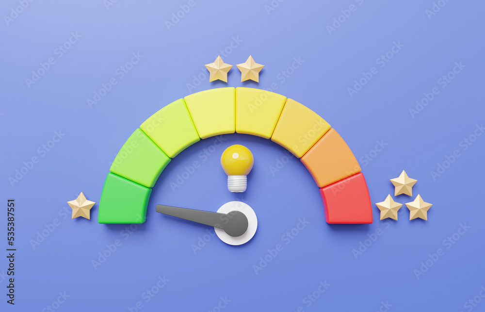 Poster arrow point scale speed low status green with star speedometer icon performance, pointer rating risk