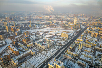 Yekaterinburg aerial panoramic view at Winter in cloudy day. Chelyuskintsev street and Railway Road Management building.
