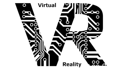 Silhouette letters VR abbreviation for Virtual Reality perforated with PCB circuit board tracks isolated on white. Concept for logo, banners or advertising.