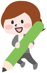 デフォルメ鉛筆を持つ女性のイラスト