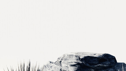 3d stone podium background products display mockup 3d render. scene on white floor, leaf, rock, and white background podium shape nature. stand show cosmetic product. Stage showcase on pedestal.