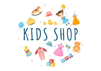 Kids Shop Building Template Hand Drawn Cartoon Flat Style Illustration with Children Equipment such as Clothes or Toys for Shopping Concept